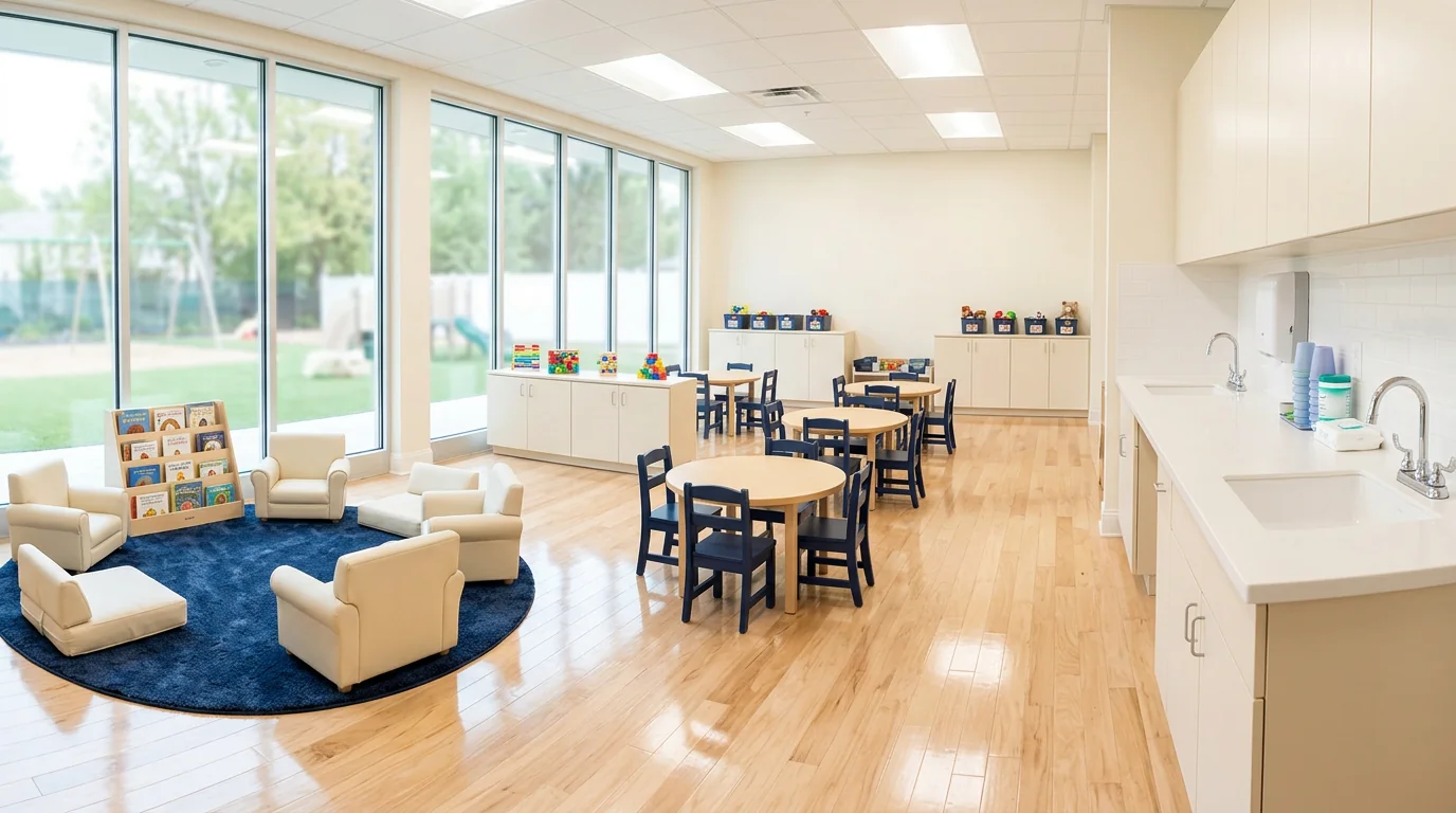 Clean bright daycare facility with sterile surfaces