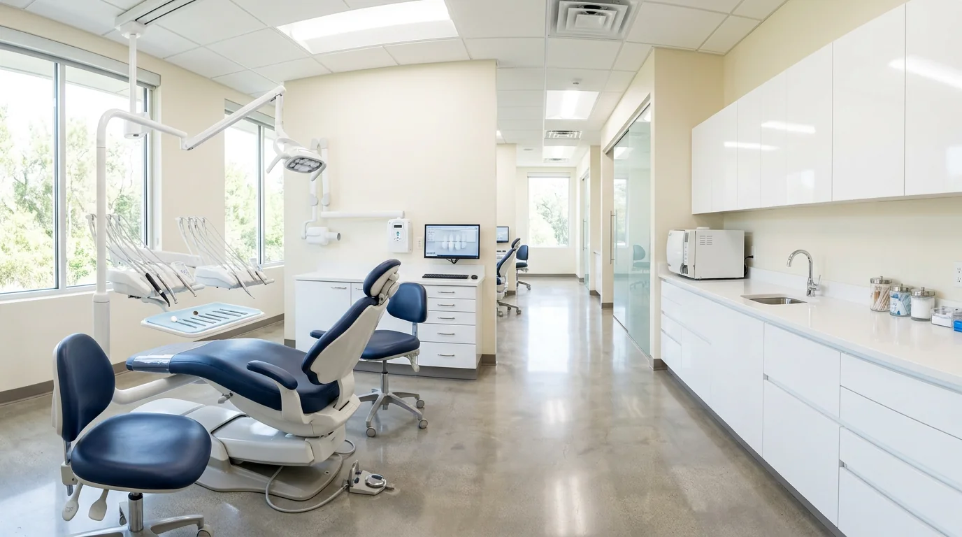 Clean dental operatory with polished floors and bright surfaces