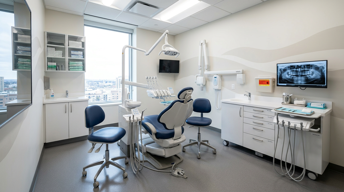 Spotless dental operatory with clean dental chair and polished surfaces