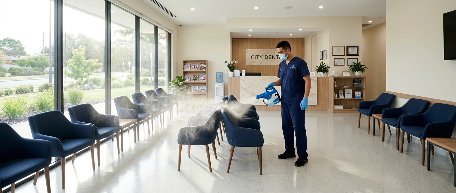 Sanitized and disinfected commercial space with hospital-grade clean surfaces