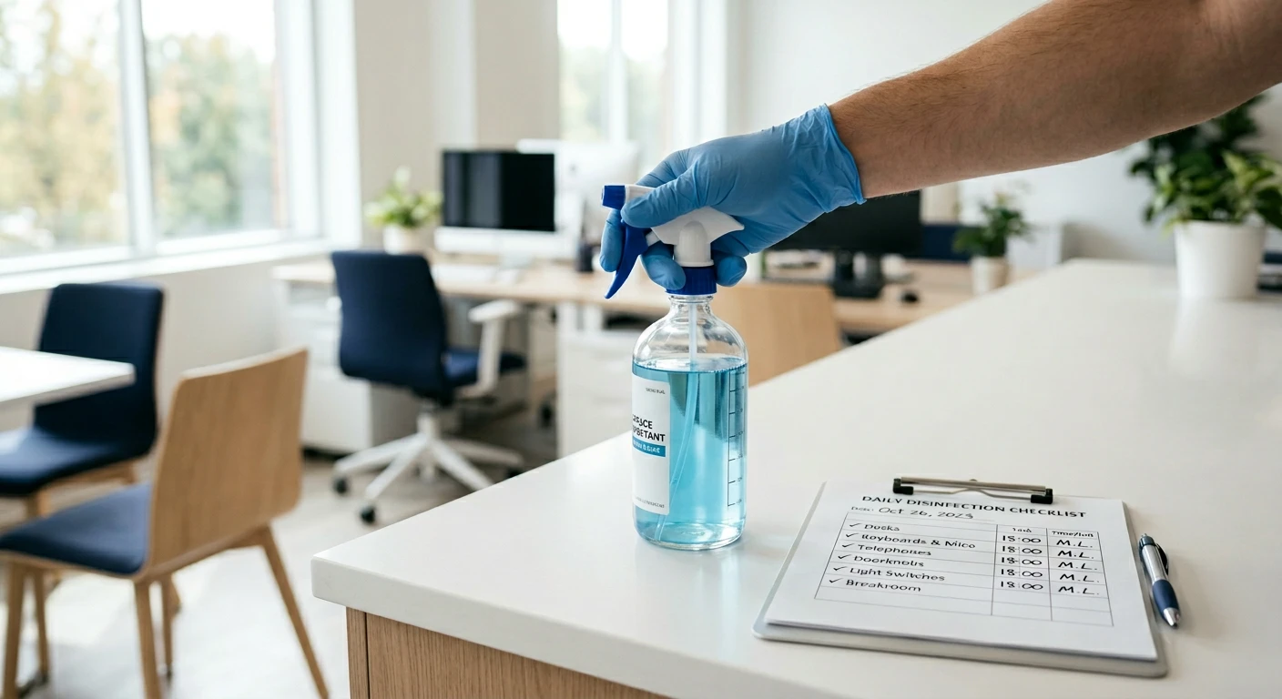Gloved hand capping spray bottle on spotless surface, professional disinfecting service
