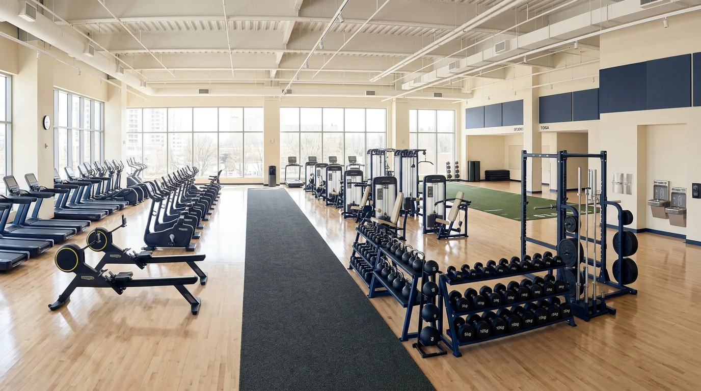 Clean fitness facility with equipment and polished floors