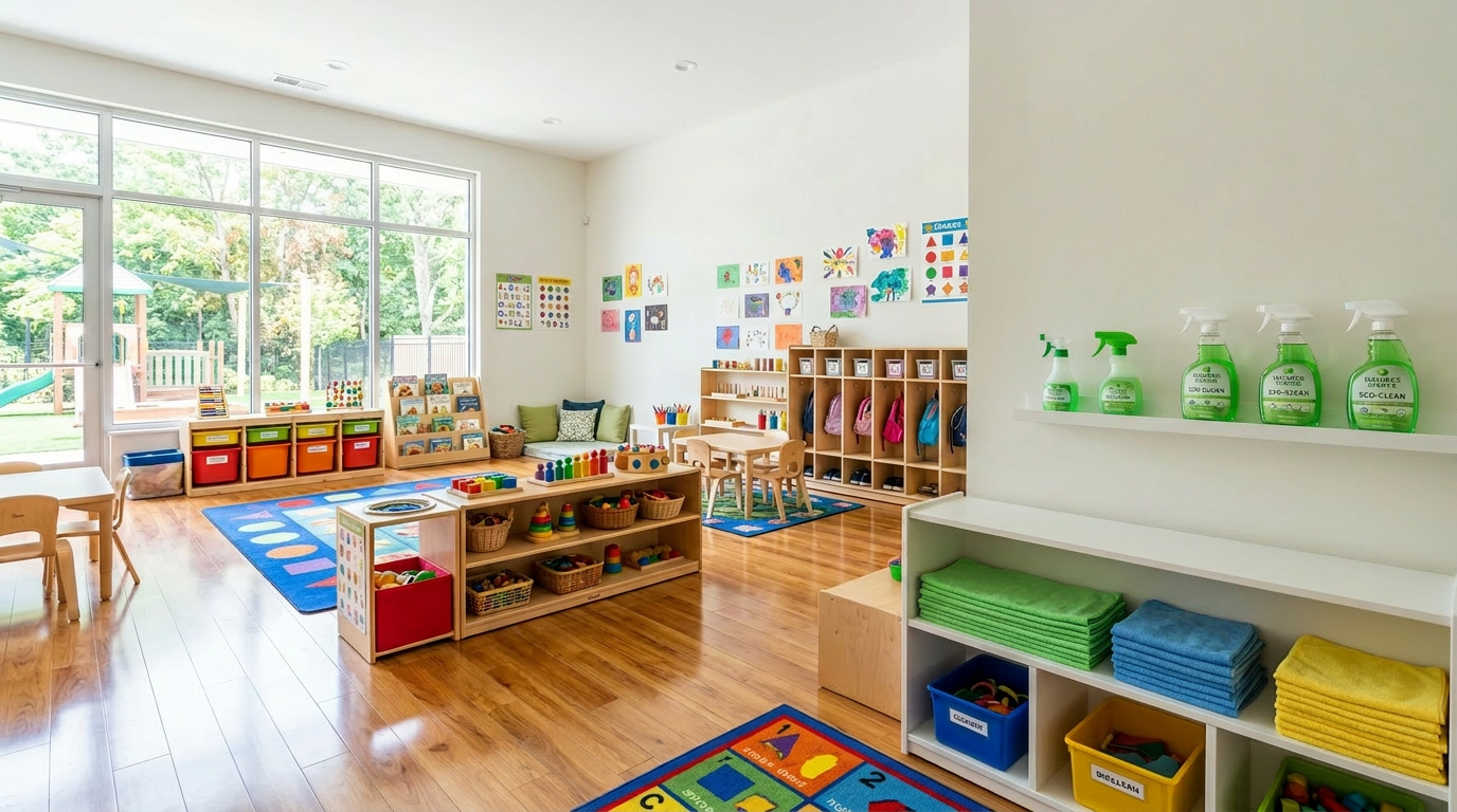Daycare classroom with eco-friendly cleaning products displayed on shelf