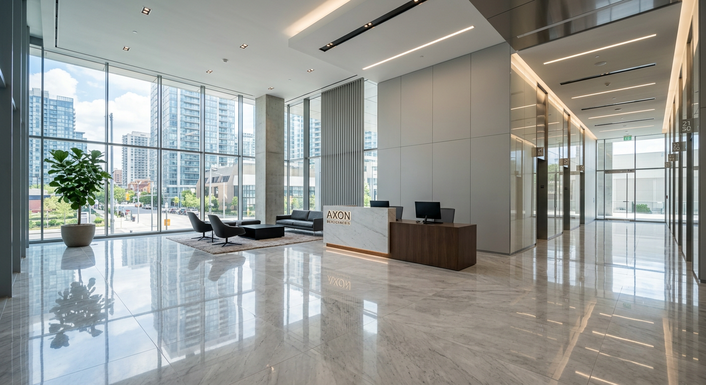 Spotless commercial office lobby with polished marble floors