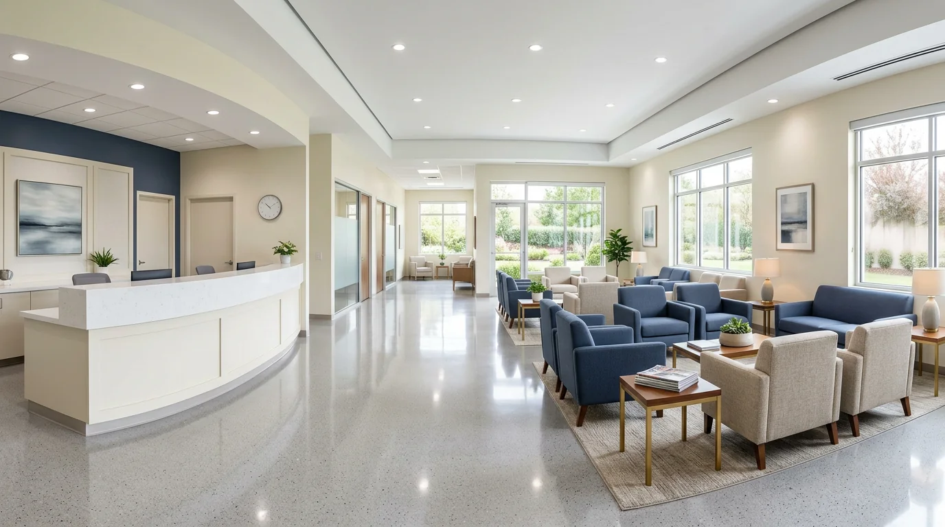 Clean medical office lobby with polished floors and waiting area