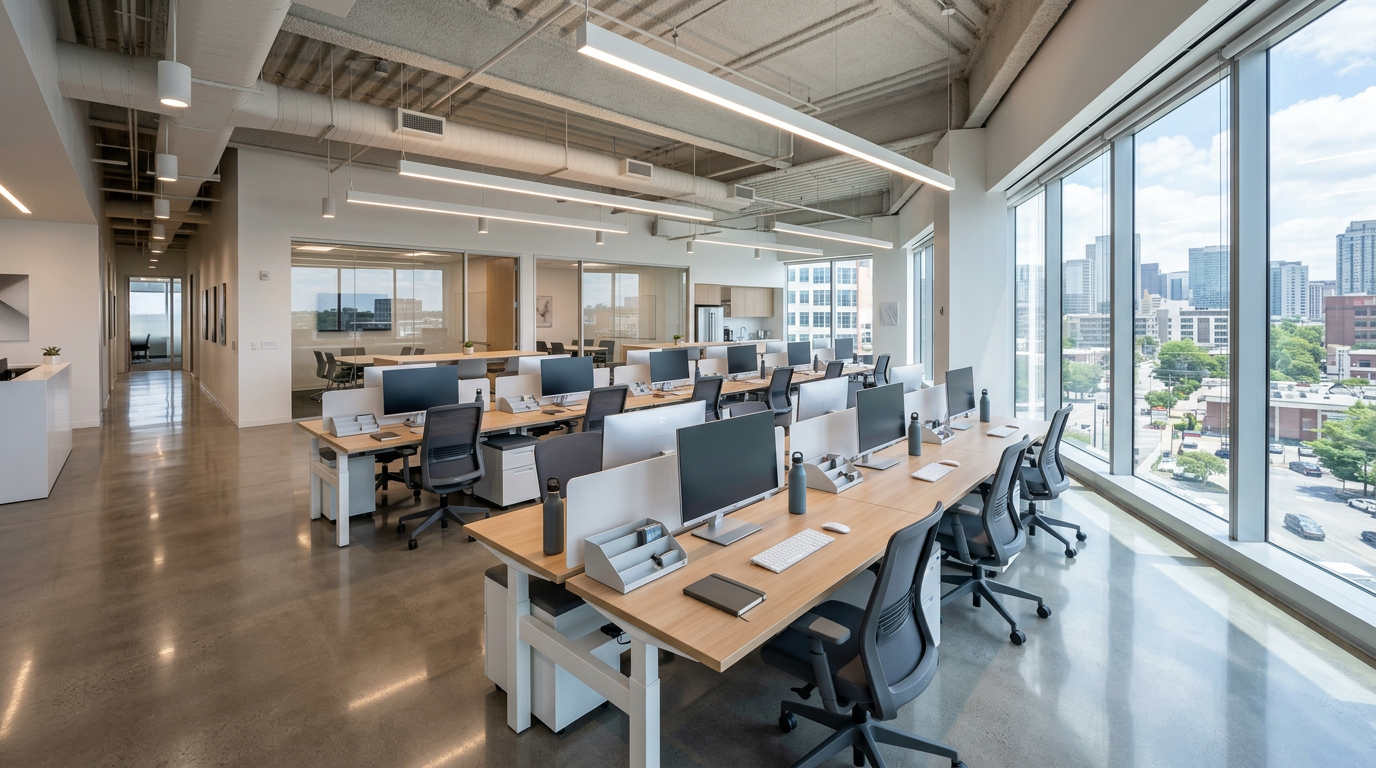 Spotless modern commercial office with natural lighting and polished floors