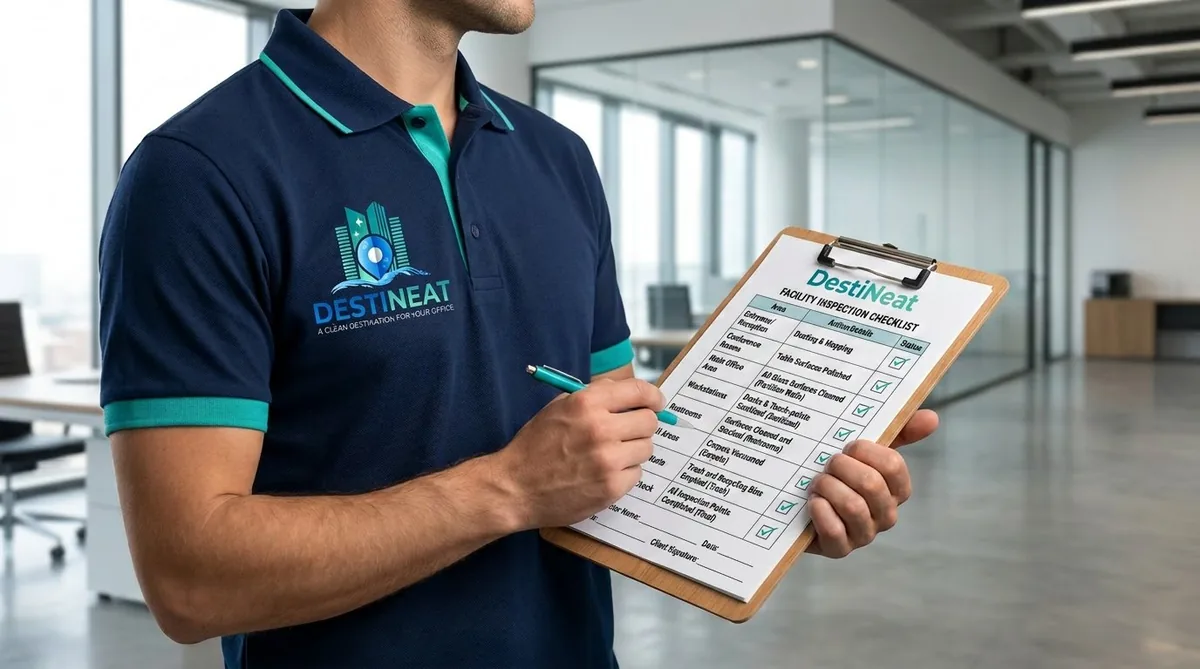 DestiNeat cleaner reviewing facility inspection checklist — Las Vegas commercial cleaning
